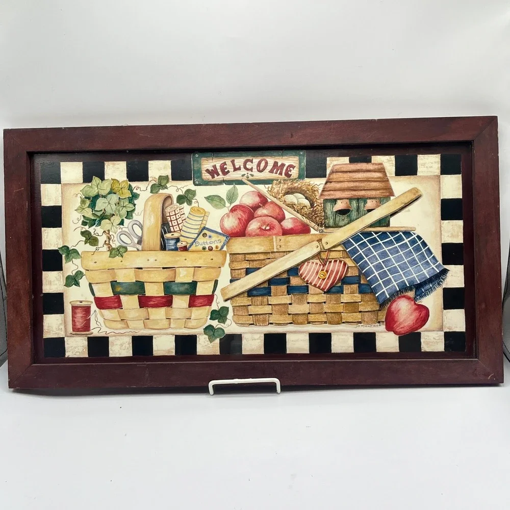 Jo Moulton Welcome Framed Wall Art Country Farmhouse Baskets Apples Folk Art